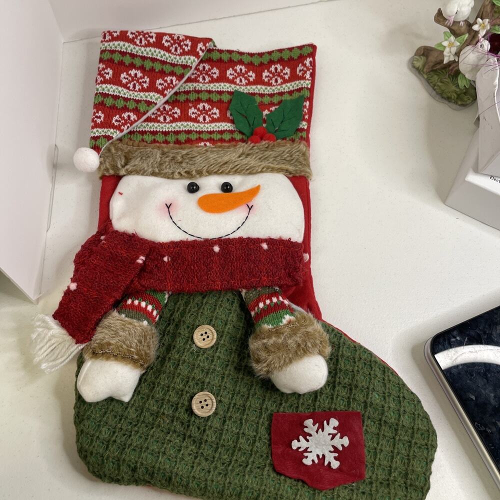 SNOWMAN WITH Scarf And Mitts CHRISTMAS STOCKING Red Green 16.5